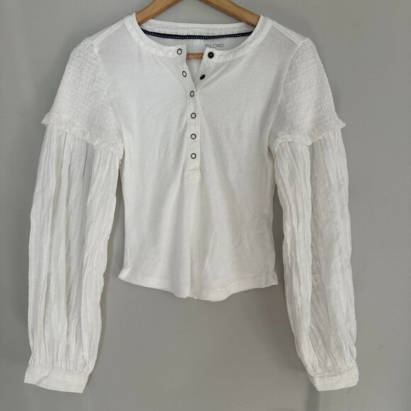 Pilcro The Andie Ribbed Henley Top Balloon Sleeve Blouse - NWT - Small - Picture 3 of 9